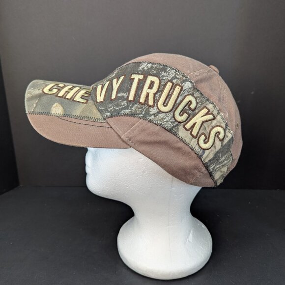 Chevy Trucks Embroidered Logo Men Brown & Camo Adjustable Strap Back Cap Hat - Picture 3 of 9